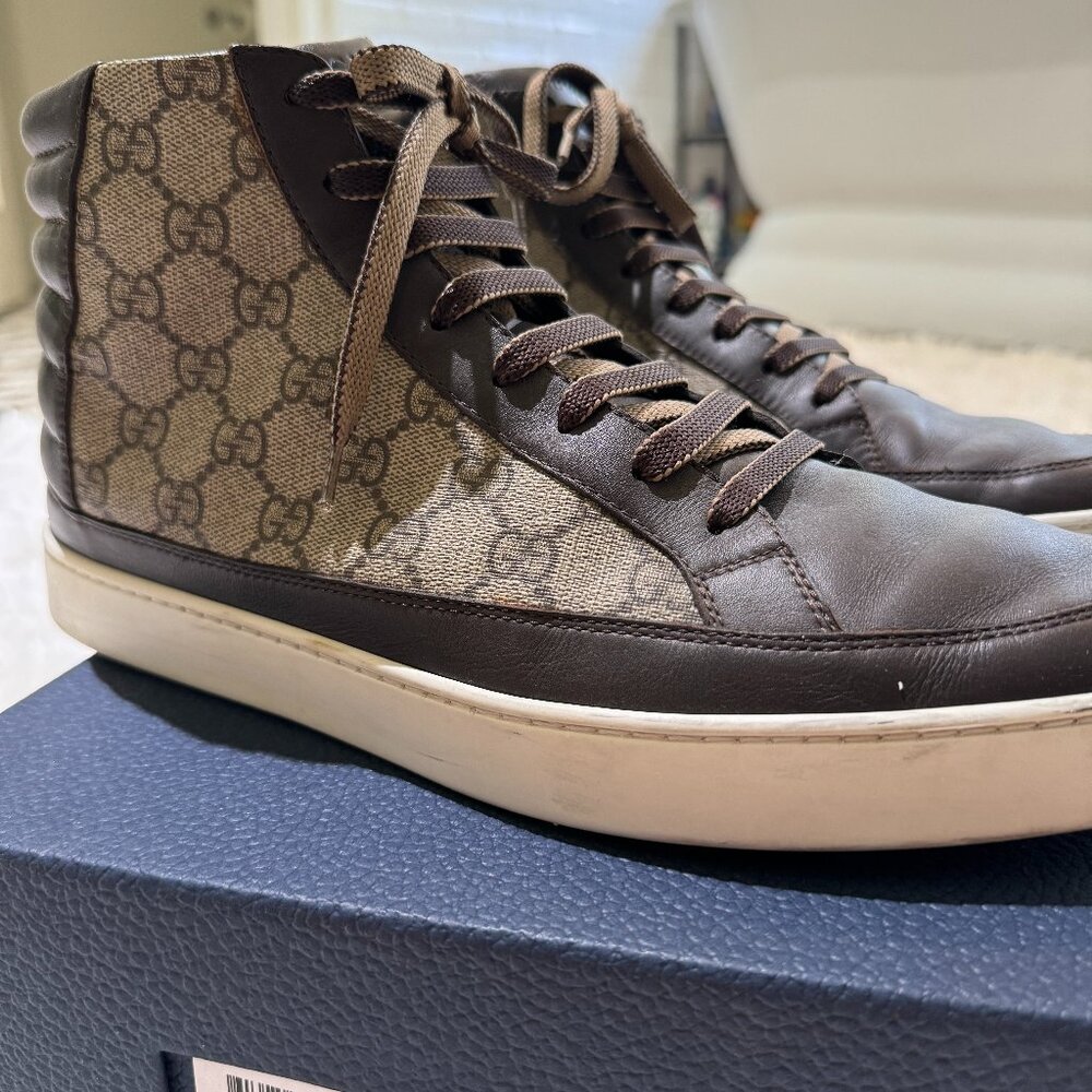Gucci Brown Leather Canvas Logo Men's GG High Top Sneaker, Size 11 by Gucci - Picture 4 of 11